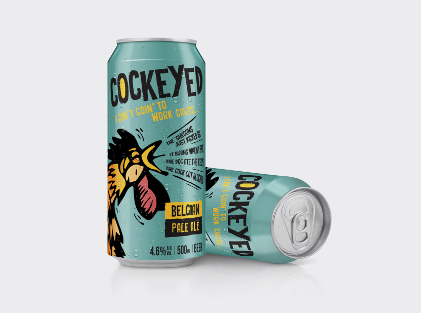 Teal beer cans with crowing black and red rooster